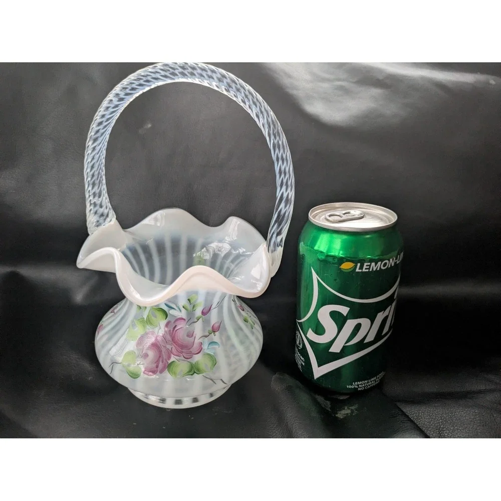 Fenton Basket French Opalescent Cottage Roses Hand Painted J D Davis 8 Inch